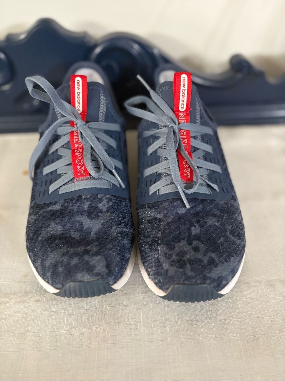 New Balance Navy Leopard-Pattern Athletic Sneakers with Red Tongue Accent